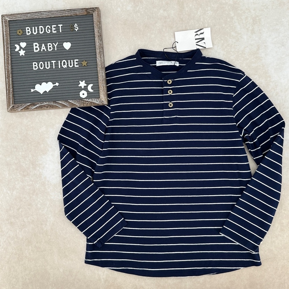 New Zara Kids Navy and White Striped Long Sleeve Henley
